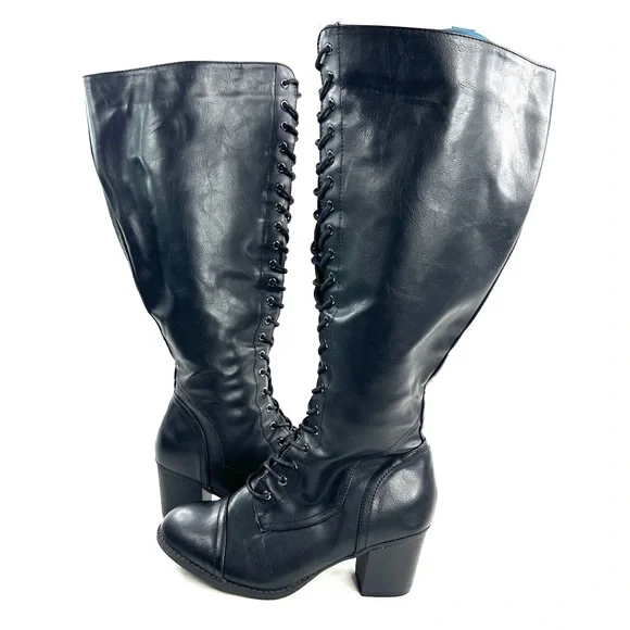 Torrid Wide Calf Women Size 9.5 Black Faux Leather Boot Knee High Lace up Zip - Picture 6 of 11